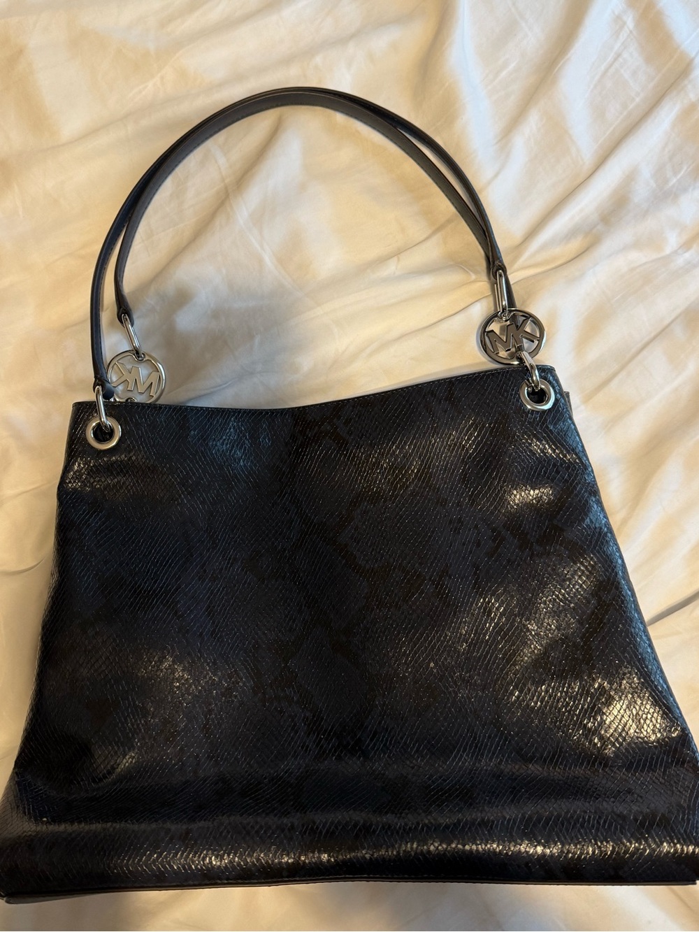 Michael Kors Black Snakeskin-Embossed Shoulder Bag with Silver MK Accents